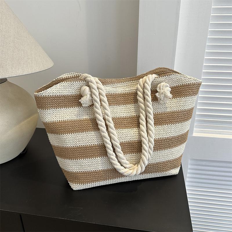 Yogodlns Женская тканая пляжная сумка большой емкости, полосатые сумки на молнии, соломенная сумка в стиле ретро, женская летняя повседневная сумка