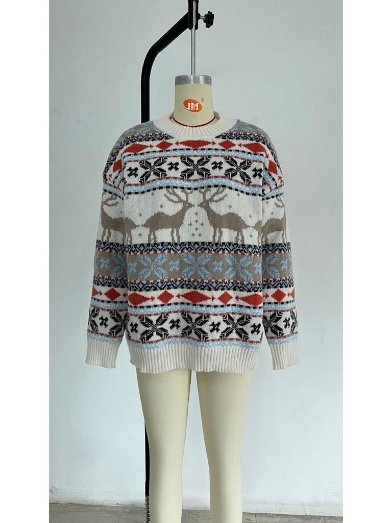 Жаккардовый свитер с европейской и американской рождественской тематикой — женский, свободный крой, круглая горловина, длинный рукав, пять цветов (2022)