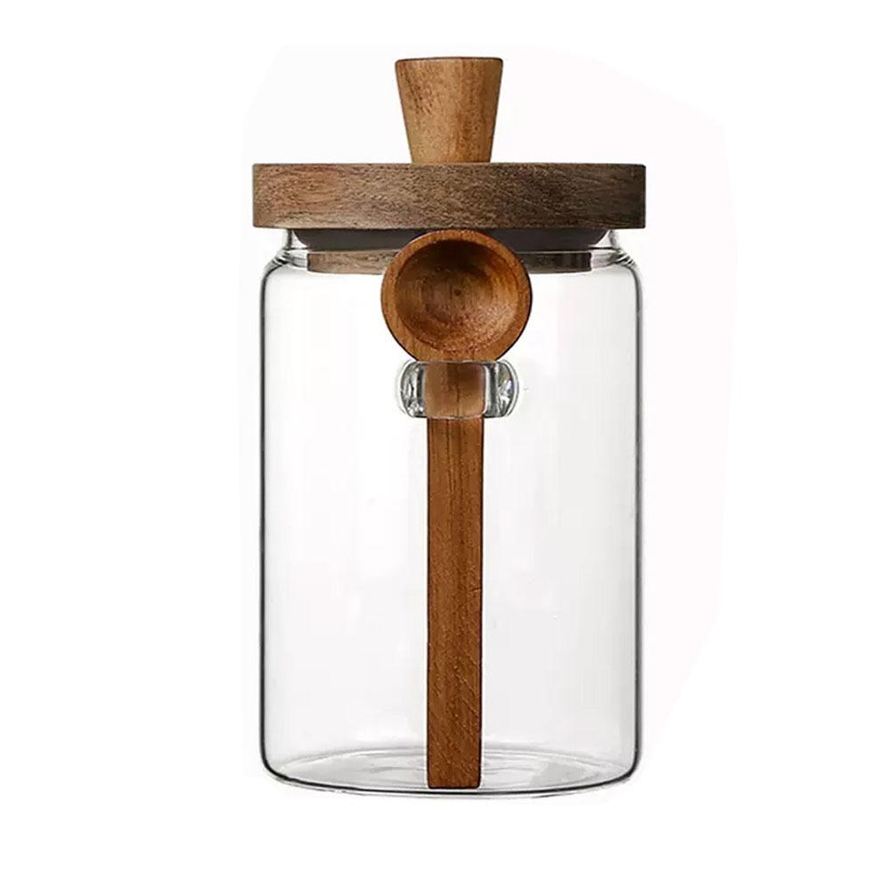 With Wooden Lid Coffee Bean Storage Jar With Wood Spoon Clear Spice Storage Tank Seasoning