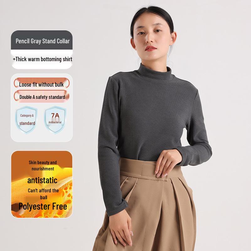 460G Женская бархатная теплая футболка с длинным рукавом и полувысоким воротником - Зима и осень