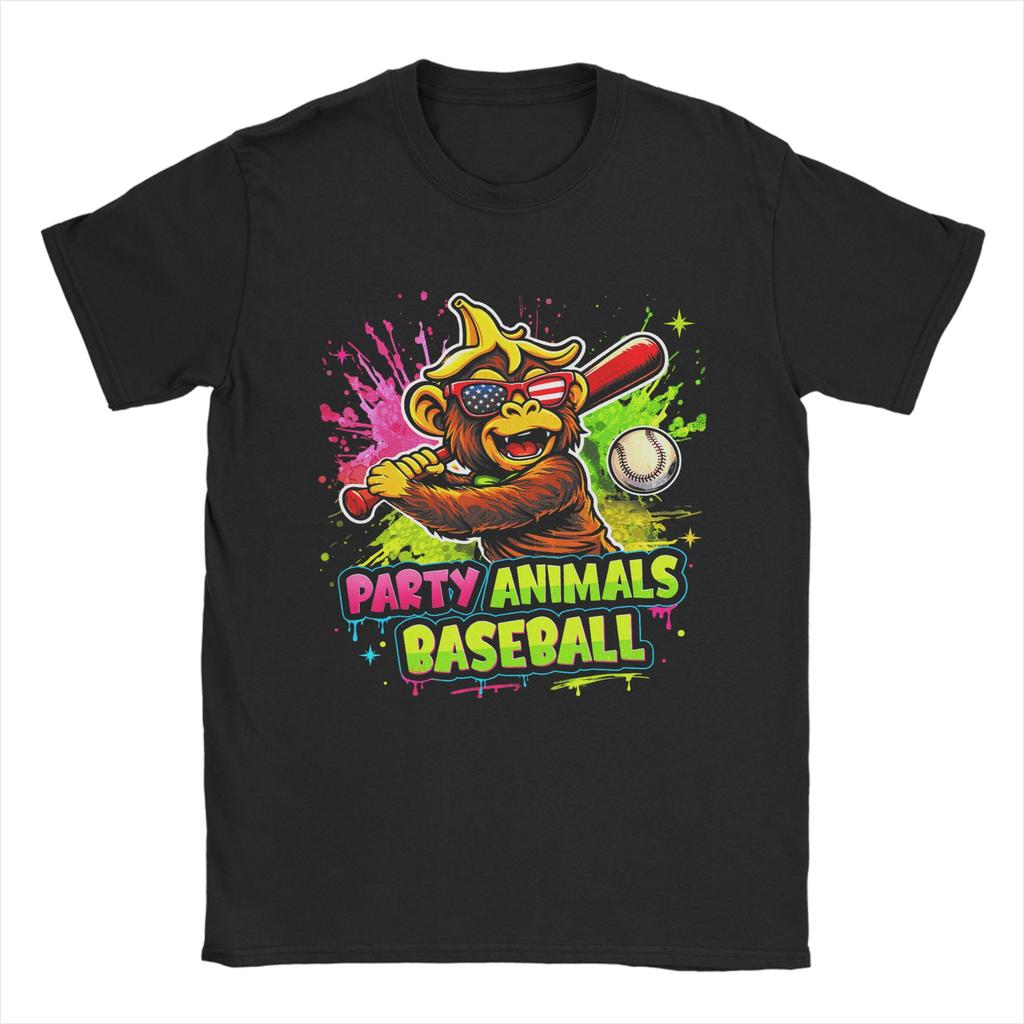 Party Animals Baseball Monkey T Shirt Unisex Pure Cotton Vintage TShirt Crewneck Tees Short Sleeve Clothing Big Size