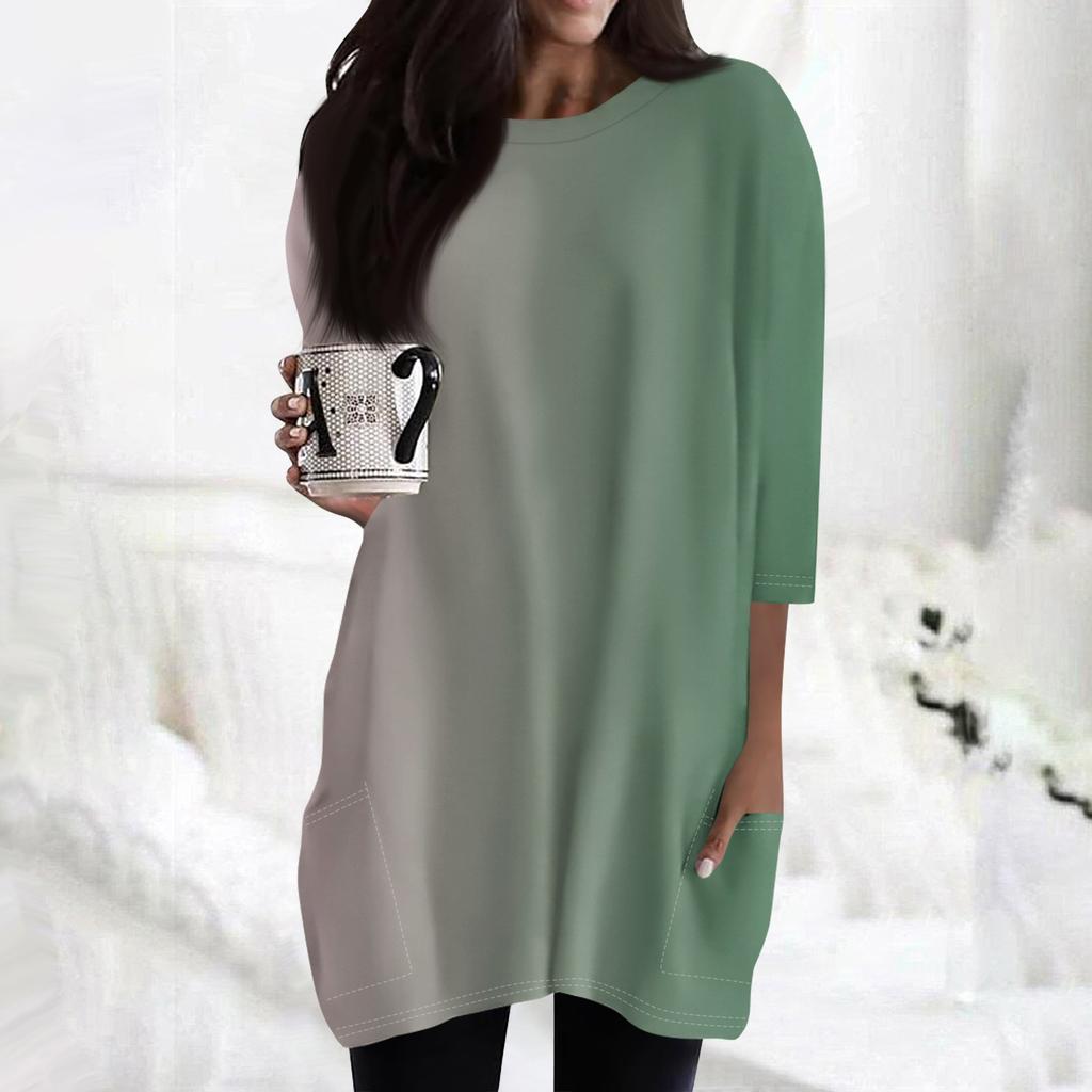 Women's Fashion Casual 3/4 Sleeve Print Round Neck Double Pocket T-Shirt Top
