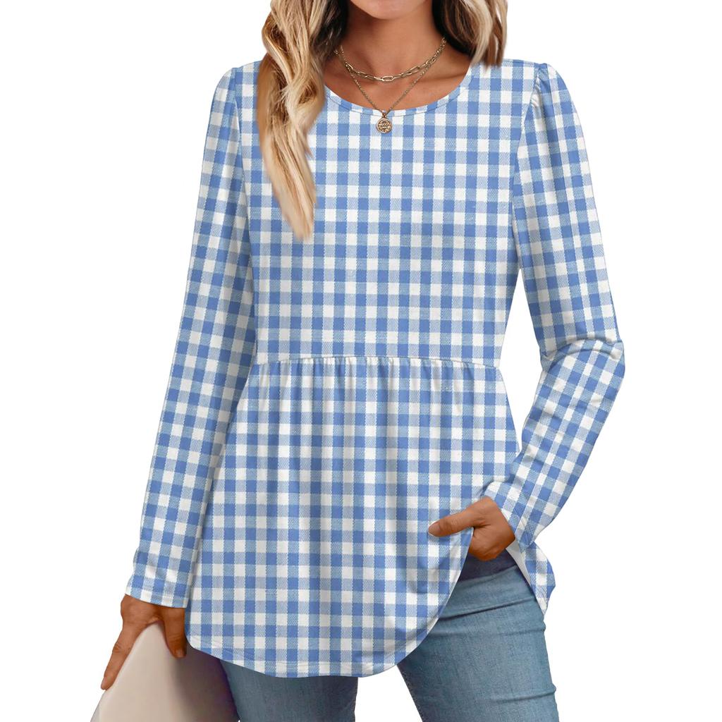 Women's Casual Fashion Long Sleeve Shirt Plaid Printed Tunic Top