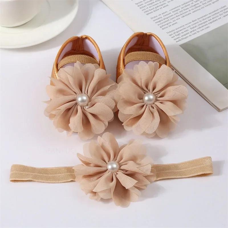Newborn Girls Baby Shoes Party Pearl Flower Lace Baby Girl Headband Set Non Slip Cute Preschoolers Toddler Infant First Walkers