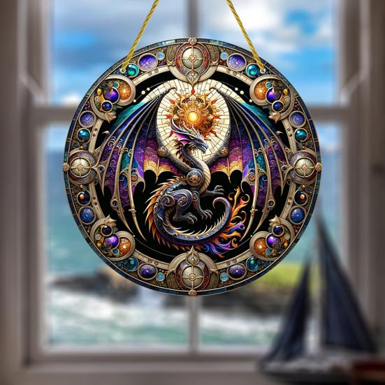 Window Hanging Pendant with Lanyard Realistic Dragon Printing Round Shape Sun Catcher Home Office Garden Decoration Panel Pendant