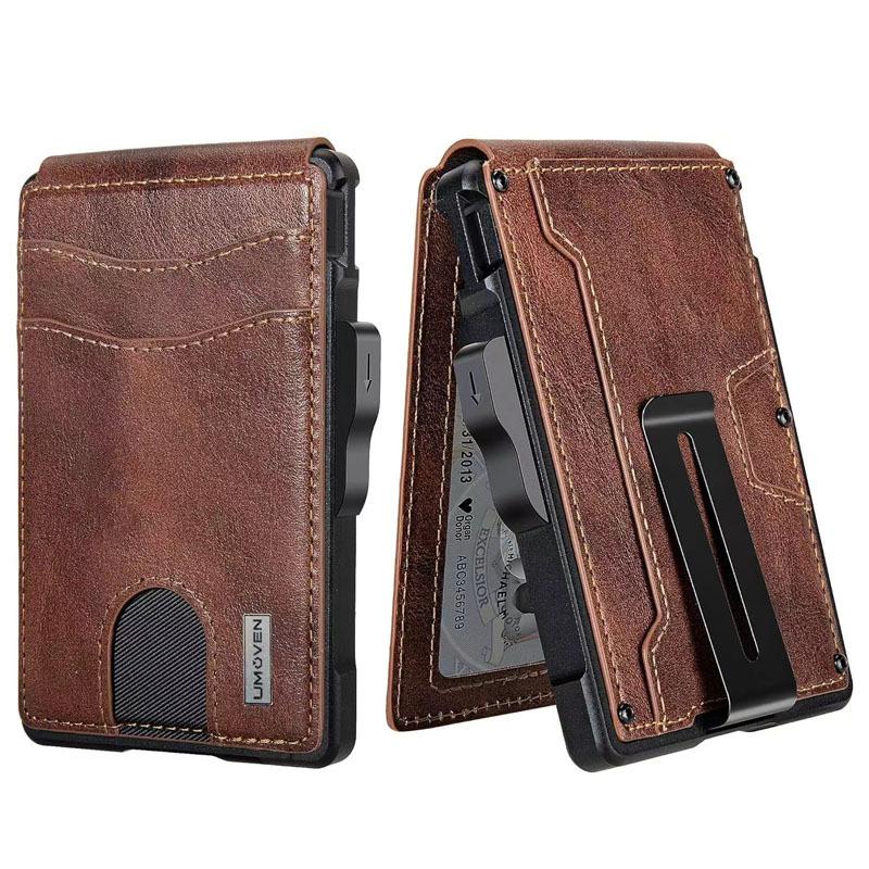 RFID Men's Leather Card Bag Metal Anti-Magnetic Automatic Bullet Card Wallet Credit Card Business Card Box Wallet