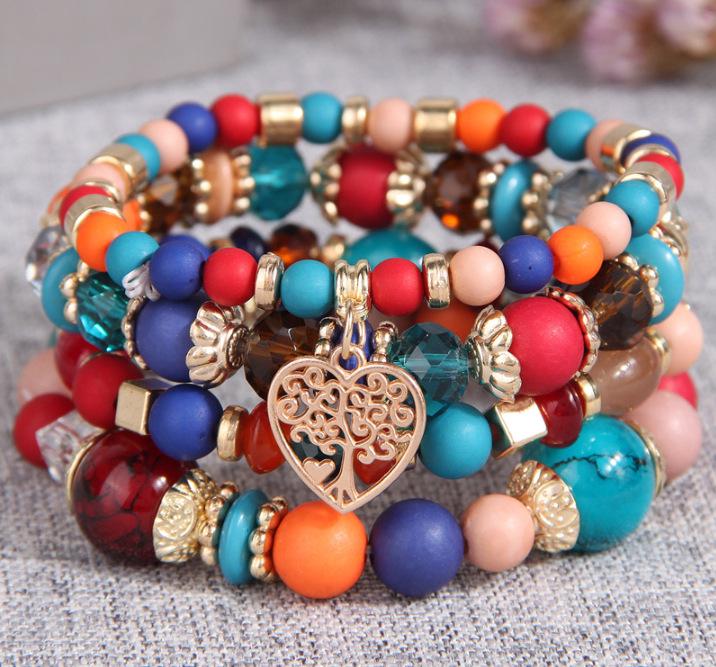 Bohemian Ethnic Multi-Layer Heart Pendant Bead Bracelet