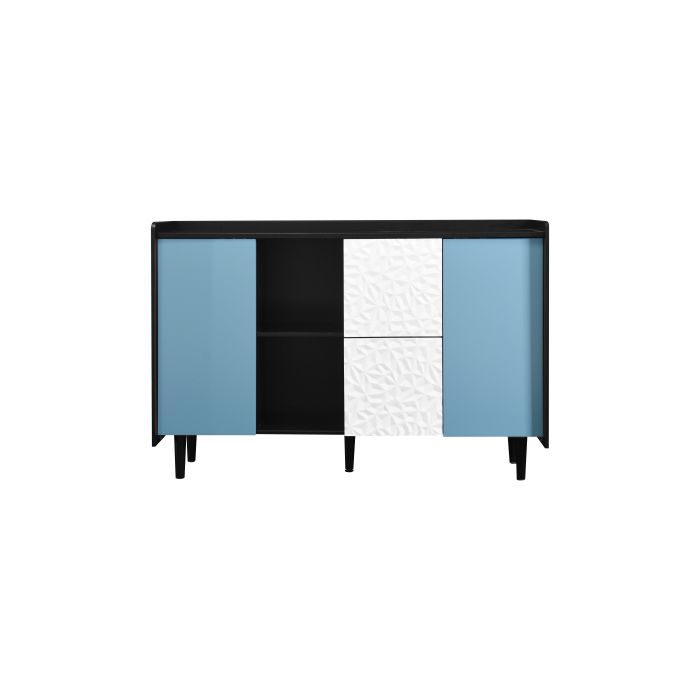 Armoire de rangement noire avec portes bleues, dotée de deux tiroirs au style unique et de deux compartiments de rangement ouverts.