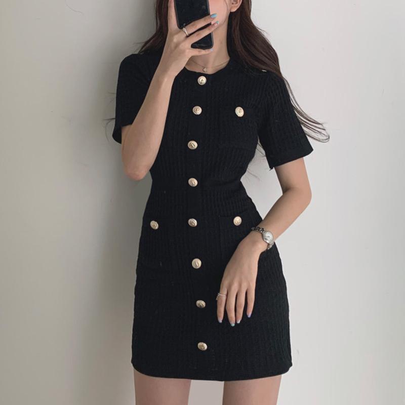 Вязаное платье на пуговицах, облегающее мини-платье Curto, корейское летнее сексуальное вечернее элегантное черное платье Moda Feminina Ropa Mujer