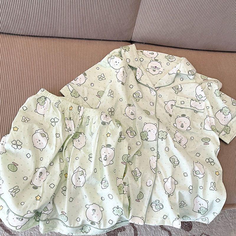 Soft cute princess wind cantaloupe self-deprecating bear pajamas women's summer cardigan short-sleeved shorts set can be worn outside loungewear