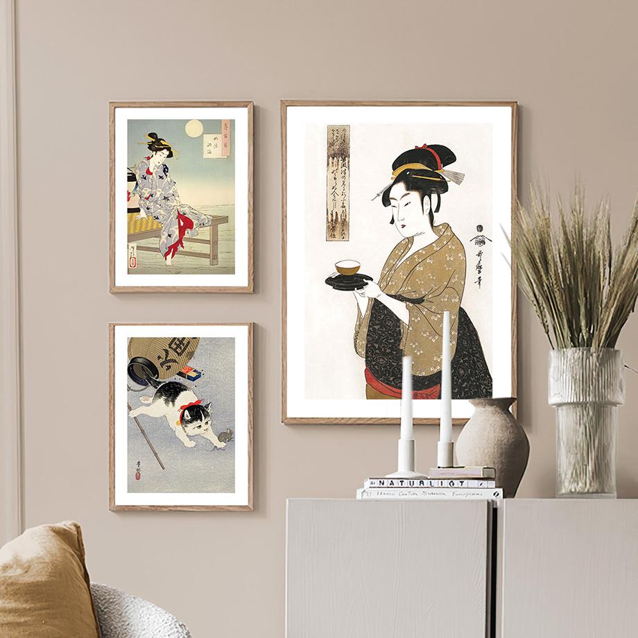 Женщина лиса кошка журавль серфинг цветок японские плакаты укиё-э и принты настенная живопись на холсте для гостиной декоративные картины