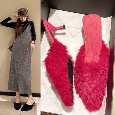 Модные женские меховые туфли на высоком каблуке с острым носком, модные сексуальные тапочки, осень, новый стиль 2024 года, дизайнерское вечернее платье, туфли на высоком каблуке, роскошь