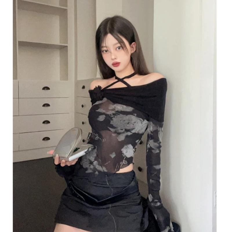 Tonngirls Ретро Tie Dye Сетчатые топы с расклешенными рукавами на шнуровке Футболка женская Y2k Винтажные укороченные топы Уличная одежда Японский топ 2000-х годов E Girls Top
