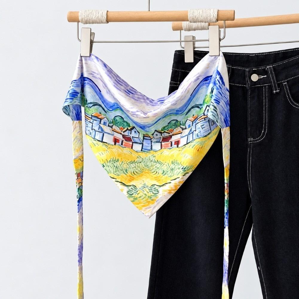 Landscape Print Irregular Scarf Belt Satin Decorative Scarf Fashion Waist Sash Scarf Spring Autumn