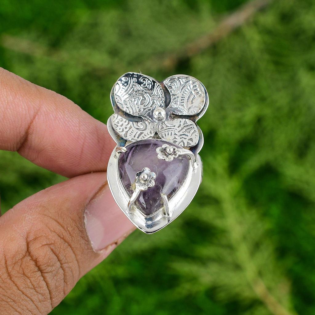 Natural African Amethyst 925 Silver Solitaire Flower Adjustable Ring For Girls