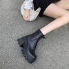 Мода 2025 Осень Новые Ботинки Женские На Толстом Каблуке Толстой Подошве Скрытая Платформа Челси Короткие Ботинки Платформа Боевые Ботинки