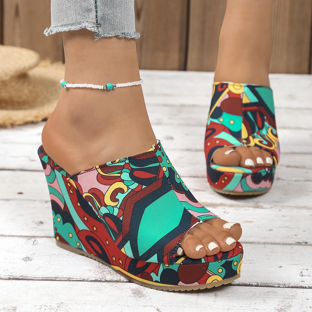 Fashion Colorful Graffiti Women Wedge Sandals Summer Peep Toe Platform Shoes Woman Fashion Thick Bottom Beach Sandals Zapatos De Mujer