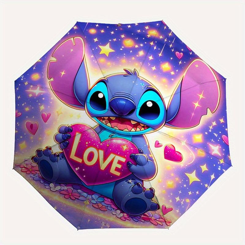 Stitch,Love Heart Fully automatic themed umbrella - 8 ribs durable iron frame, tri-fold compact design, perfect as a gift, travel umbrella,