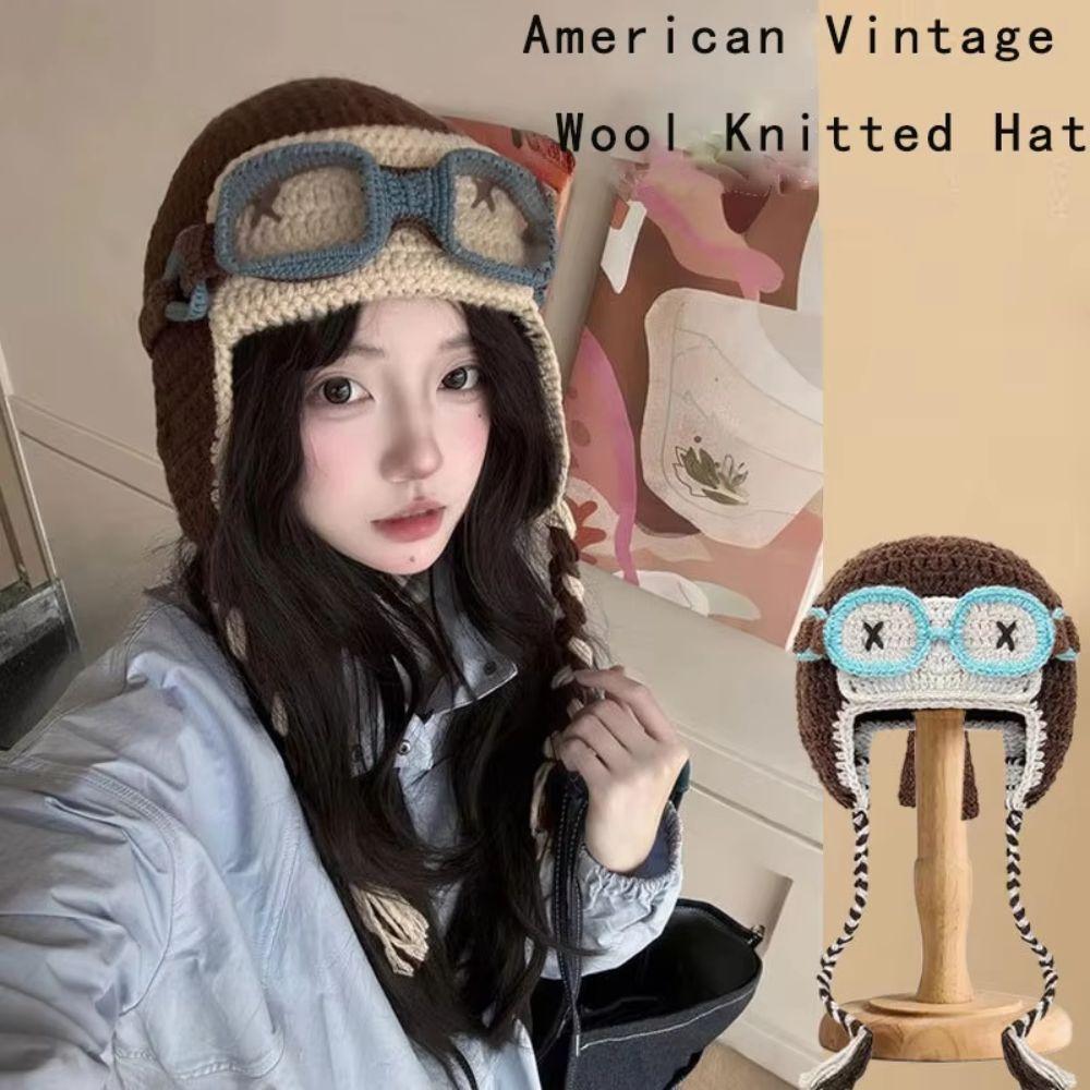 Crocheted Knitted Beanie Windproof Earflap Cap Winter Pilot Hat With Goggles Skiing