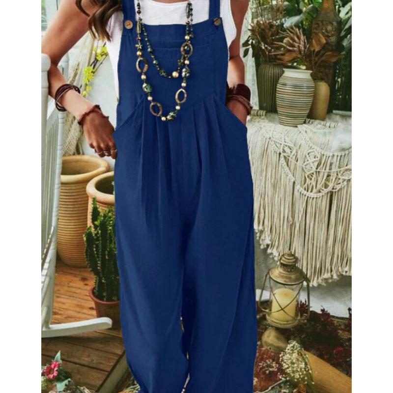 Summer Women's Jumpsuit Thickened Ramie Cotton Solid Color Sleeveless Casual Wide Leg Side Buckle Jumpsuit