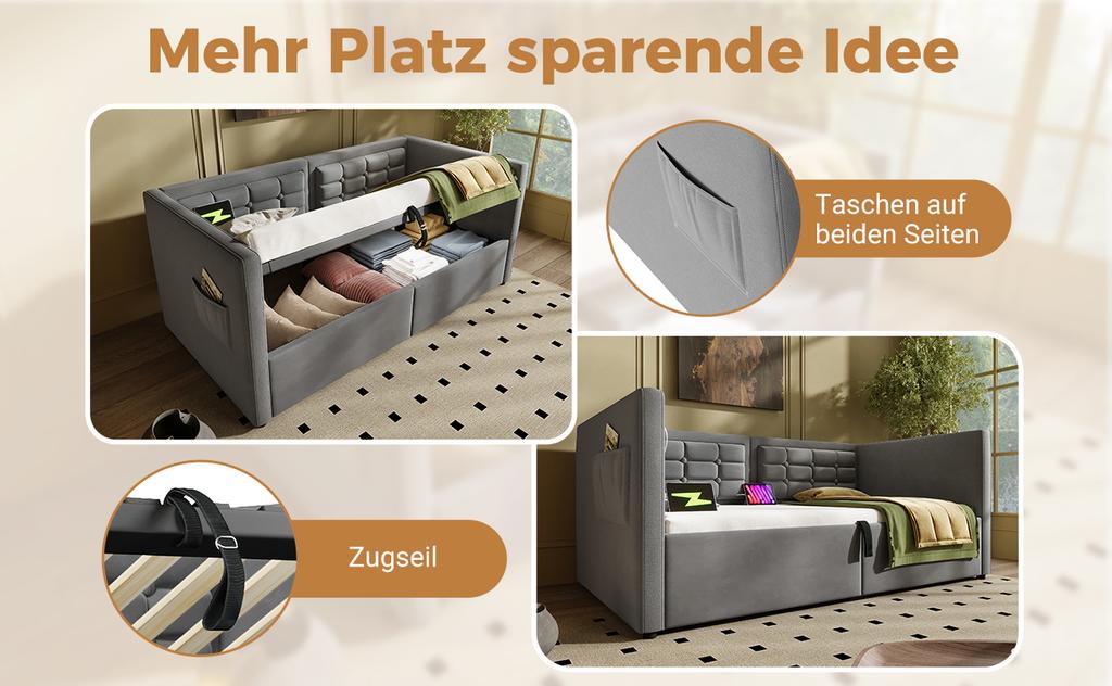 Sofa Bed 90x200 cm, Single Sofa Bed with Hydraulic Storage USB & Type-C Charging, Guest Bed with Slatted Base, Grey, Velvet, Without Mattress.