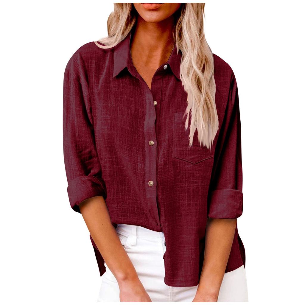 Women's Autumn Long Sleeve Button Solid Color Loose Shirt Casual Large Size Shirt