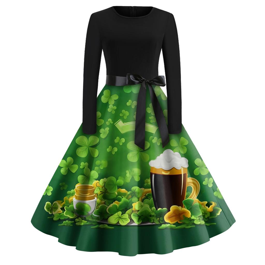 Women's Fashion Round Neck Casual Slim St Patrick's Day Printed Long Sleeve Dresses