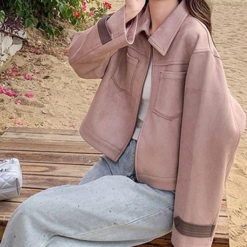 Женская розовая замшевая куртка - Весна/Осень 2025 Свободный повседневный универсальный стиль