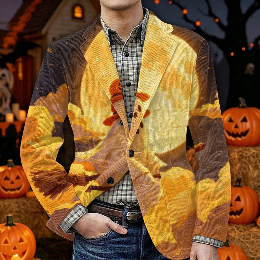 Men's Corduroy Blazer Jacket with Halloween Print Warm Casual Suit Jacket with Pockets Button Front Cardigan Style Outerwear