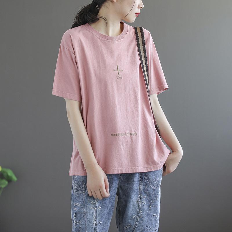 Повседневная литературная универсальная футболка с коротким рукавом и круглым вырезом, женская летняя новая свободная модная верхняя одежда, топ, футболка женская