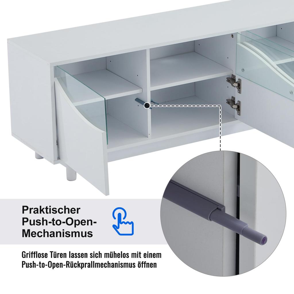 ТВ Шкаф ТВ Тумба Глянцевый Белый 70 Дюймовый Телевизор, ТВ Стойка 4 Дверцы, Дверца Шкафа из Закаленного Стекла, ТВ Мебель Гостиная Спальня