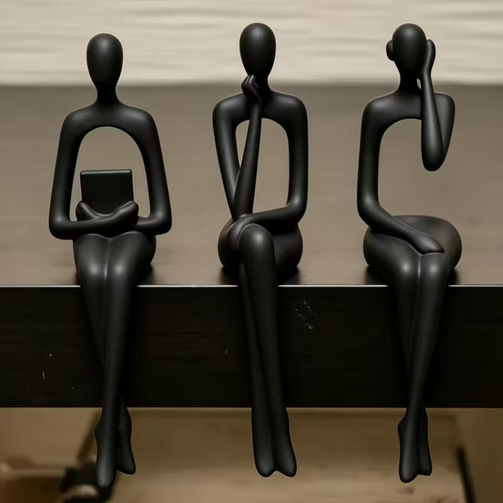 3Pcs Long Leg Abstract Sitting Human Sculpture Set Hollow Reading Thinking Figurine Office Desk