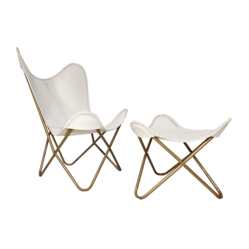 Кожаное кресло ручной работы «Бабочка» с османско-белым креслом/табуреткой для отдыха