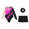 Kids Girls Metallic Long Sleeve Gymnastics Leotard with Shorts Hair Scrunchie Dance Unitard Biketards Dancewear