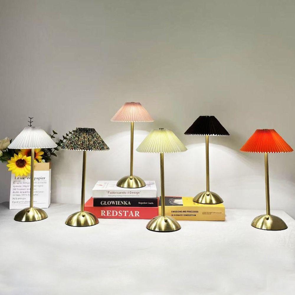 Metal Base Pleated Desk Lamp Fabric Shade Bedside Ambient Light Vintage Touch Bedside Lamp Bar