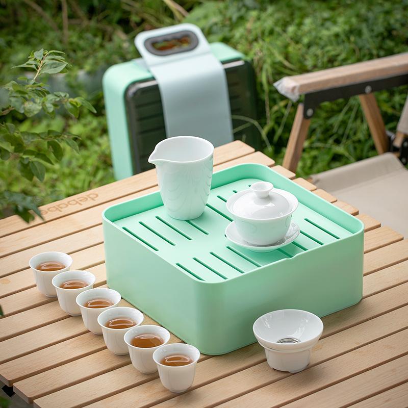 Outdoor Camping Portable Travel Kung Fu Tea Set Dry Tea Tray Storage Box White Porcelain Cover Bowl Tea Cup