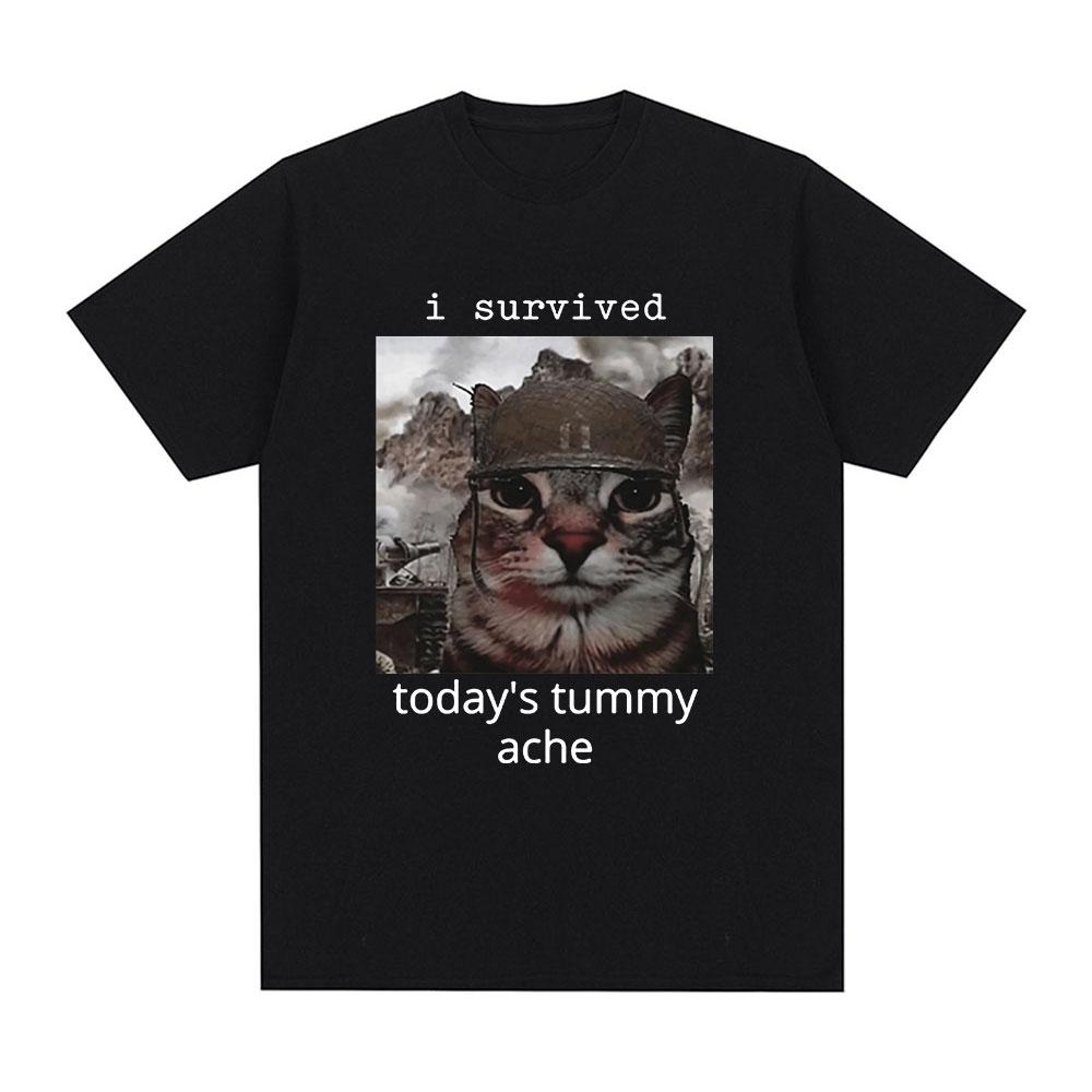 Я выжил сегодняшнюю боль в животе Футболка Мем с кошачьим узором Футболка мужская с коротким рукавом повседневная 100% хлопок