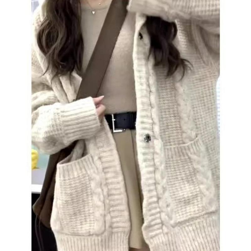 Gentle Wind Lazy Loose Twist свитер кардиган женский осенне-зимний утепленный трикотажный жакет с капюшоном