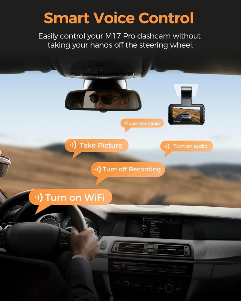 AZDOME WiFi Dash Cam M17 Pro с 2 камерами, 2K+1080P спереди и сзади, 3-дюймовым IPS-экраном, ADAS, бесплатной картой памяти на 64 ГБ