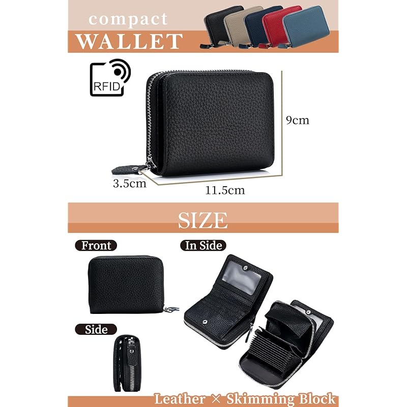 [BORPORT] кошелек женский бифолд Компактный кошелек-гармошка Круглая молния Кошелек бифолд Коровья кожа Защита от считывания (черный)