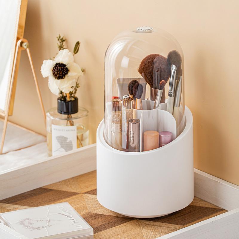 Вращающийся контейнер для хранения кистей для макияжа, держатель для карандашей для бровей и помады, настольный пылезащитный органайзер, многофункциональный органайзер для косметики