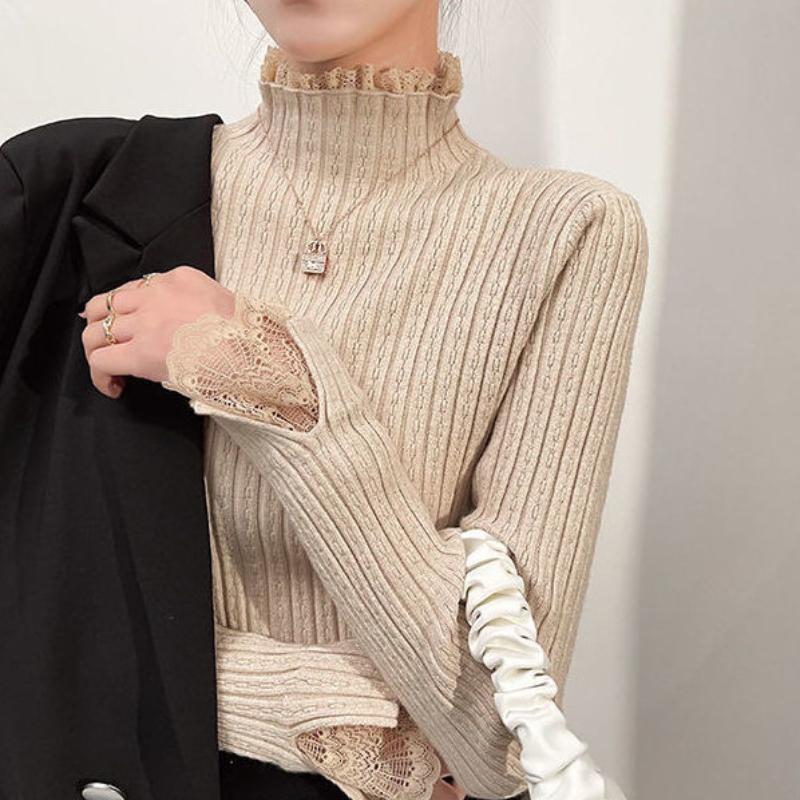 Осенне-зимний свитер с полувысоким воротом, дизайн Sense, кружевной трикотажный свитер со стразами, облегающий топ