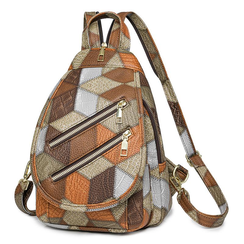 Нагрудная сумка с цветными блоками, женский рюкзак из мягкой кожи, уличный дорожный рюкзак с двойной молнией