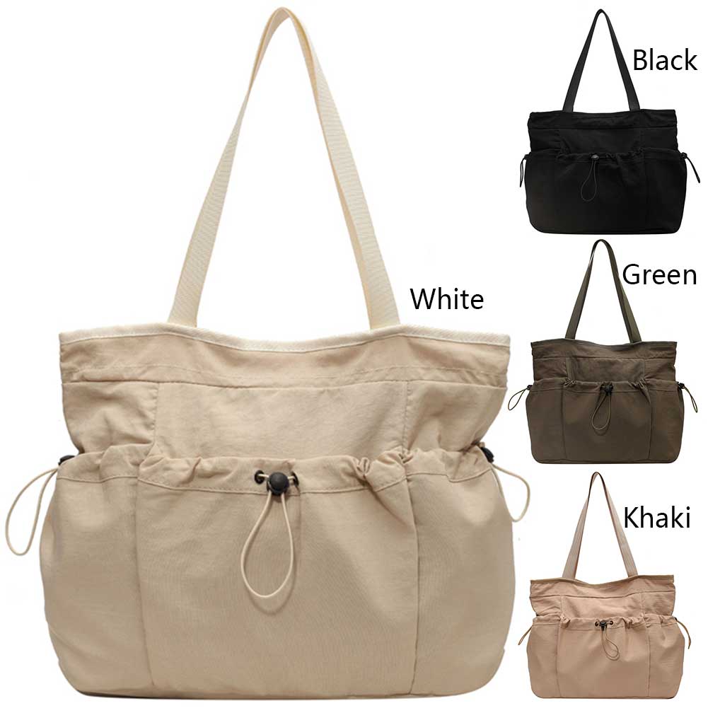 Women Drawstring Tote Bag Multi-Pocket Nylon Shoulder Bag Large Capacity Underarm Bag Armpit Hobo Bag Commuting Bag