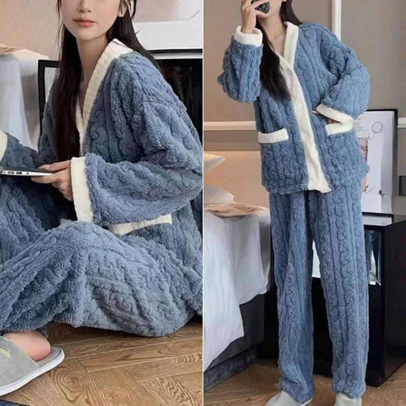 2pcs/Set Autumn and Winter Pajamas Women Thickened Padded Warm Students Coral Girls Clot Velvet Suit Homewear Cardigan Trousers