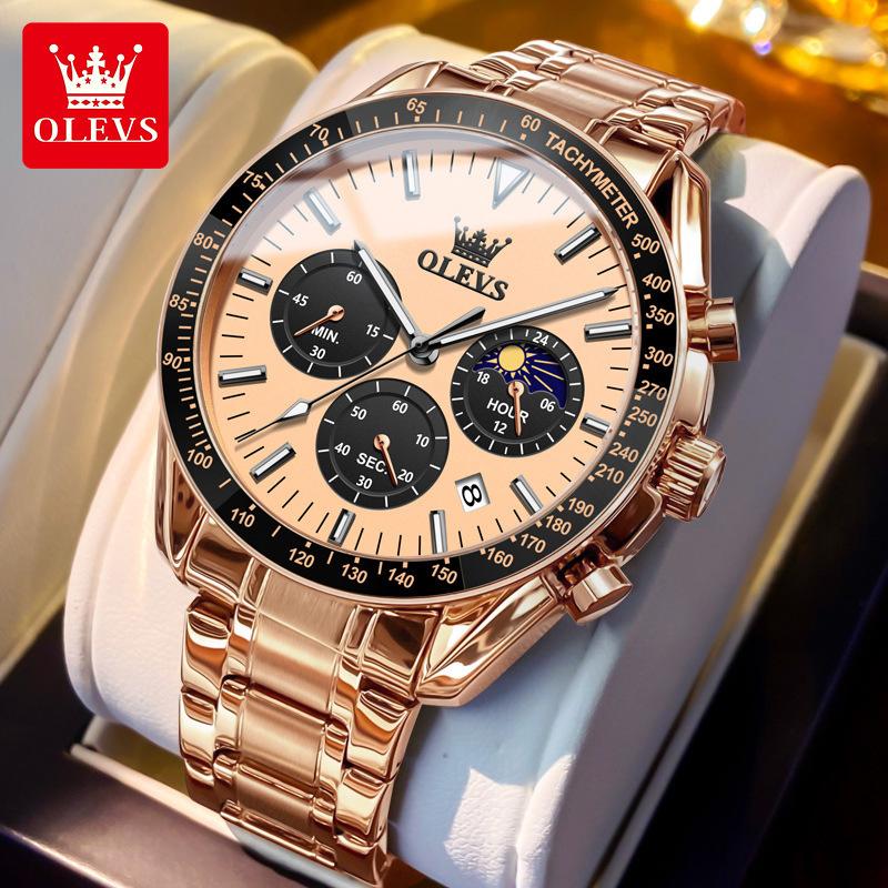 OLEVS 3618 Новые Модные Кварцевые Часы Светло-Голубого Цвета Мужские Нержавеющая Сталь Водонепроницаемые Люминесцентные Дата Фаза Луны Хронограф Мужские Часы