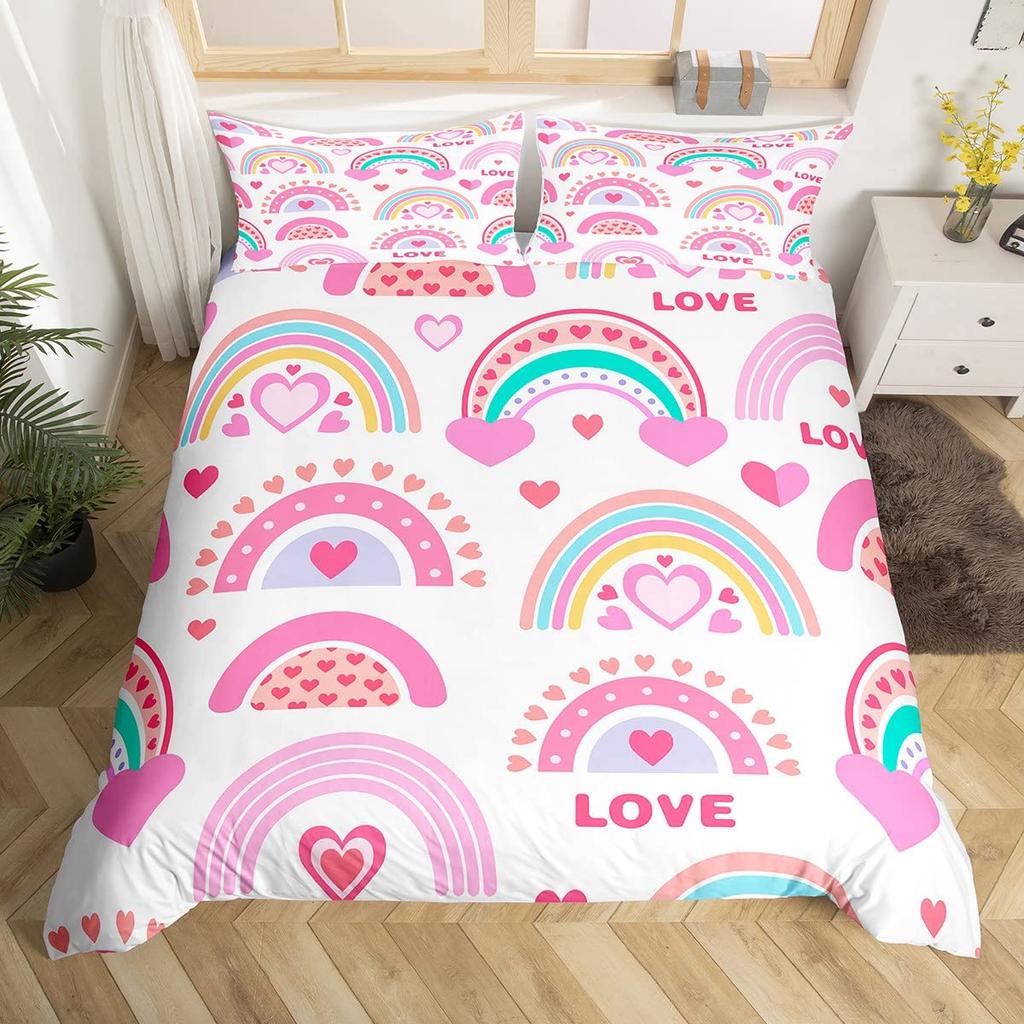Rainbow King Queen Duvet Cover Colorful Rainbows Bedding Set Watercolor Floral Butterfly Comforter Cover Polyester Quilt Cover