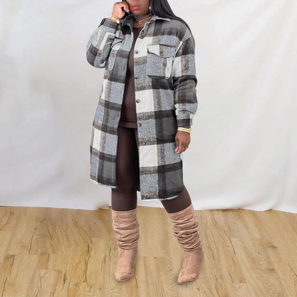 Женская мода клетчатая рубашка с лацканами клетчатое твидовое пальто с длинным рукавом