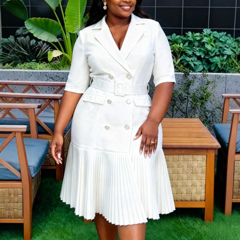 Plus Size Women Belted Pleated Lapel Collar Half Sleeve Office Commute Midi Dress