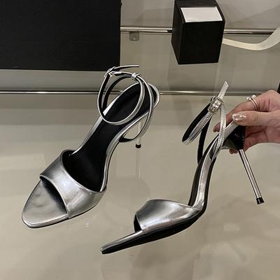 Летняя Мода Металлические Тонкие Высокие Каблуки Гладиаторские Сандалии Женские Элегантные Остроносые С Открытым Носком Банкетная Вечеринка Выпускной Туфли Женские Серебристые
